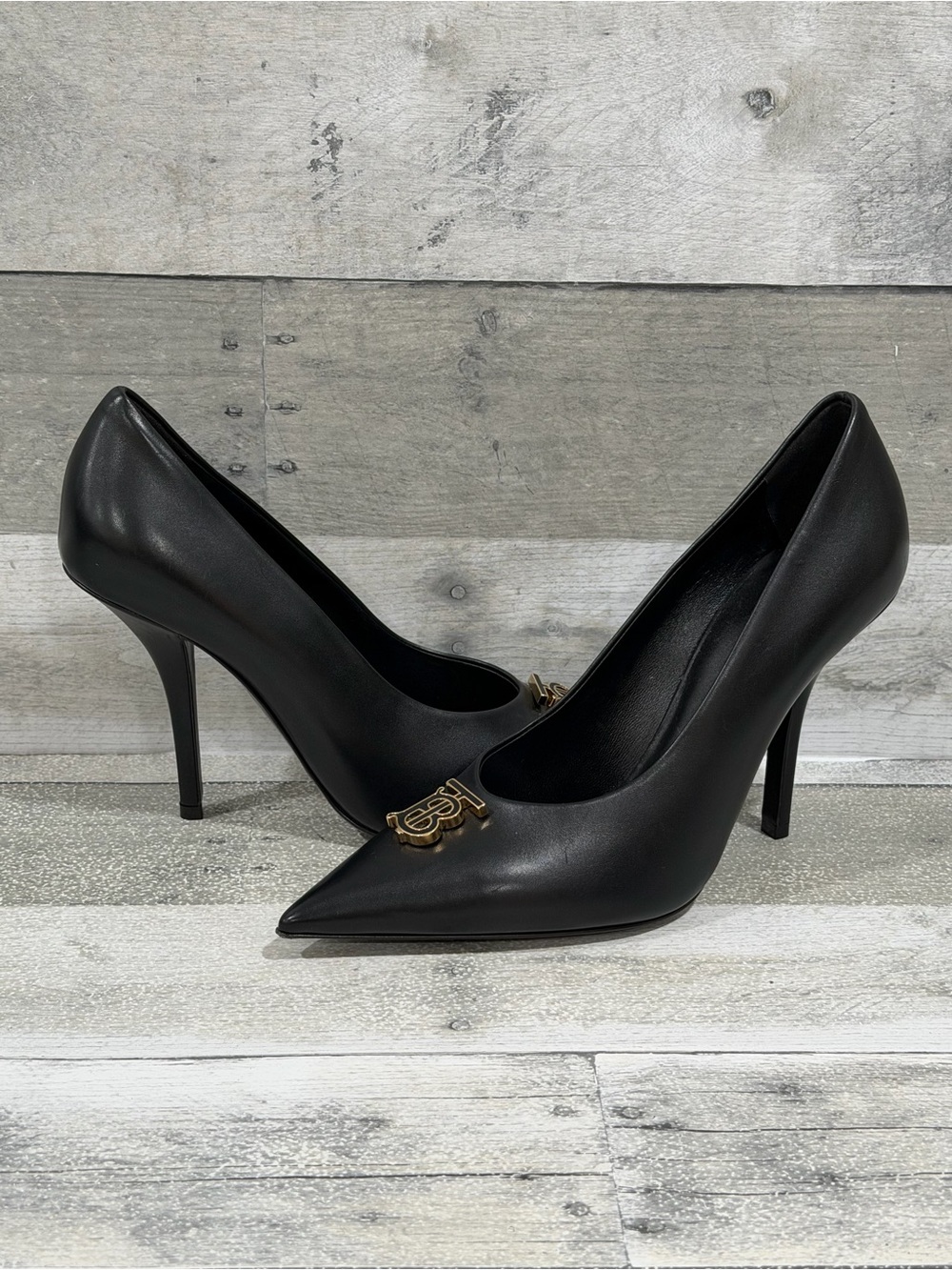 BURBERRY Ezra Black Leather Monogram Point-Toe Pumps Heels 100mm - Sz-10US/40EU